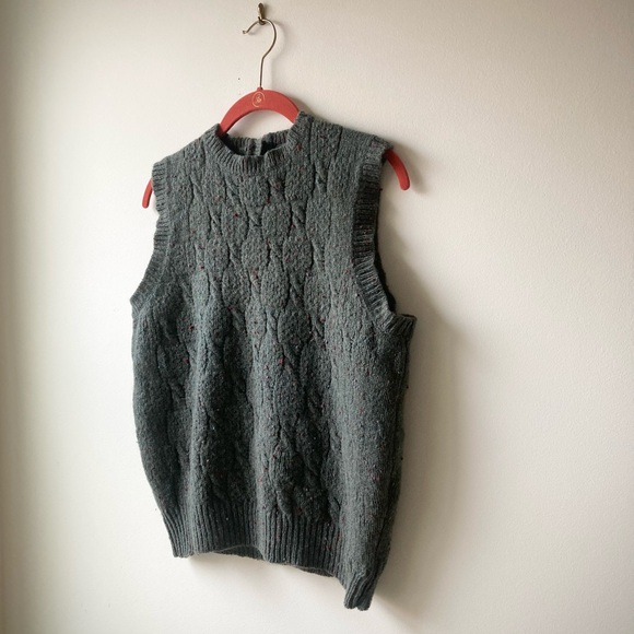 100% shetland wool sleeveless sweater vest vintage green red cable knit ivy prep - Picture 10 of 15